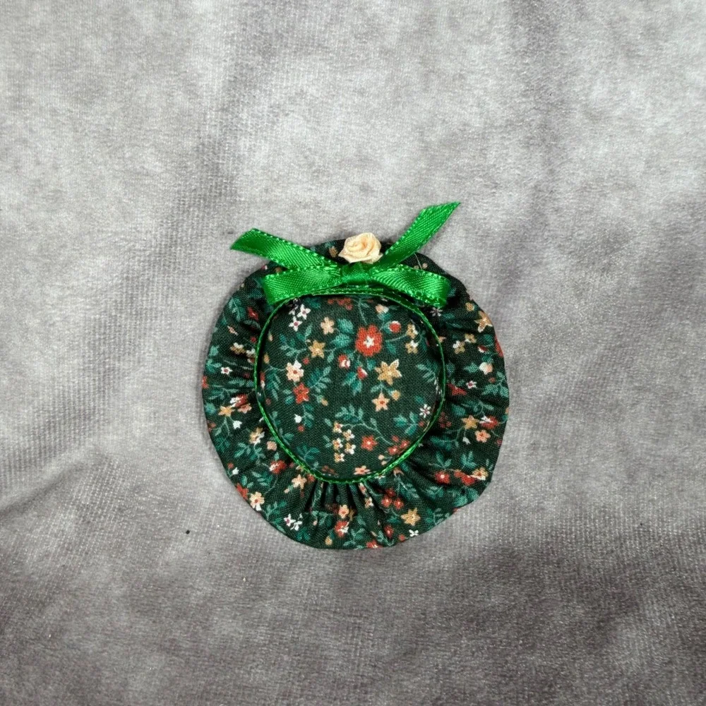 Vtg Floral Hat Miniature Decor Ornament Green Bonnet w Ribbon & Rosette Cottage